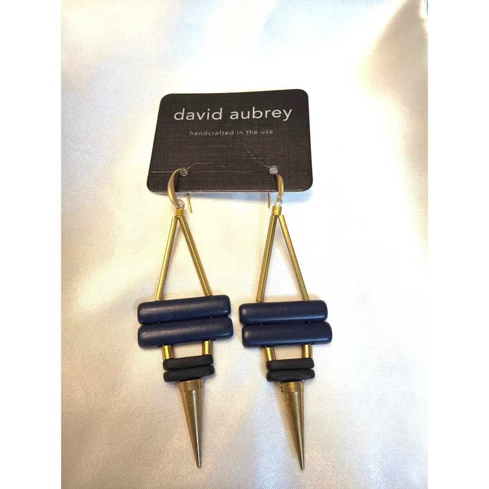 David Aubrey Handcrafted Geometric Spike Drop Earrings Navy Blue Gold Tone Brass